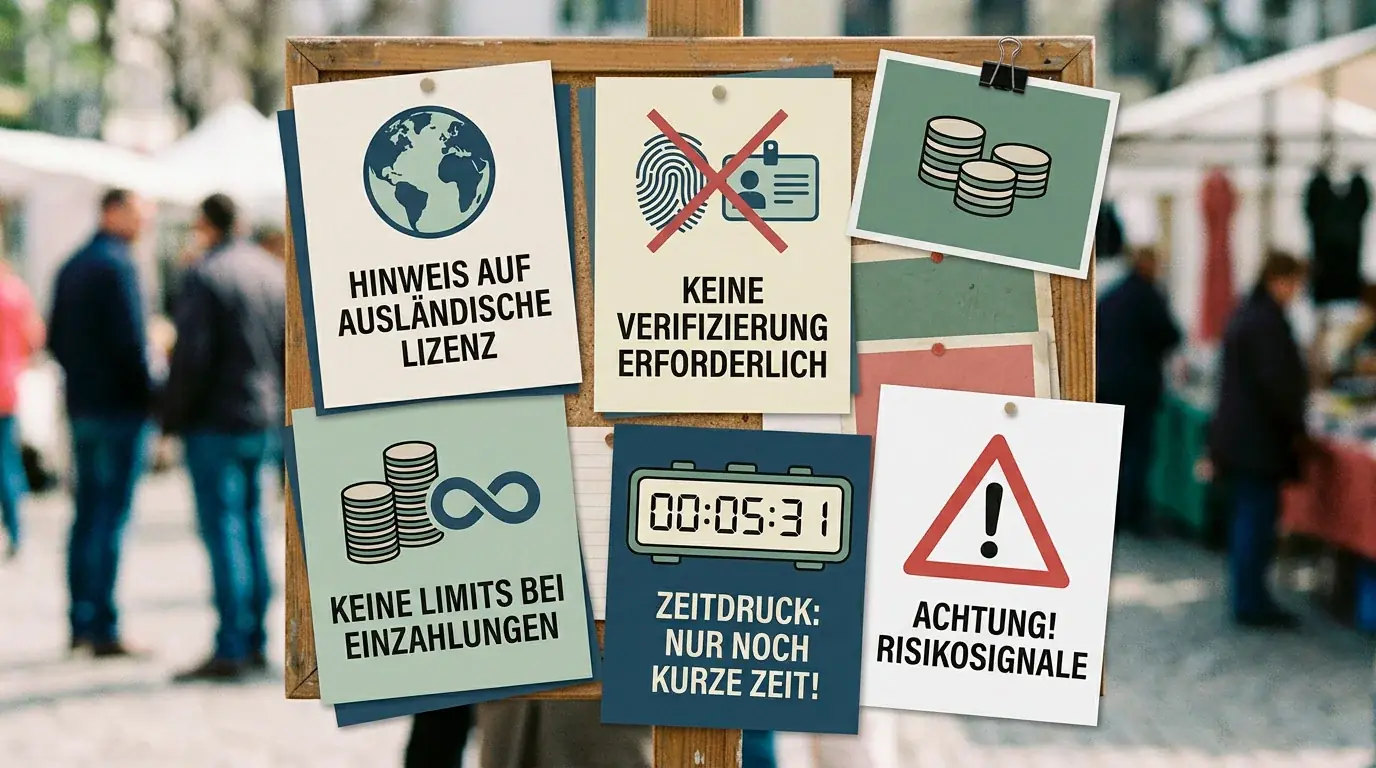 Abstrakte Warnhinweise zu ausländischer Lizenz, fehlender Verifizierung, fehlenden Limits und Zeitdruck